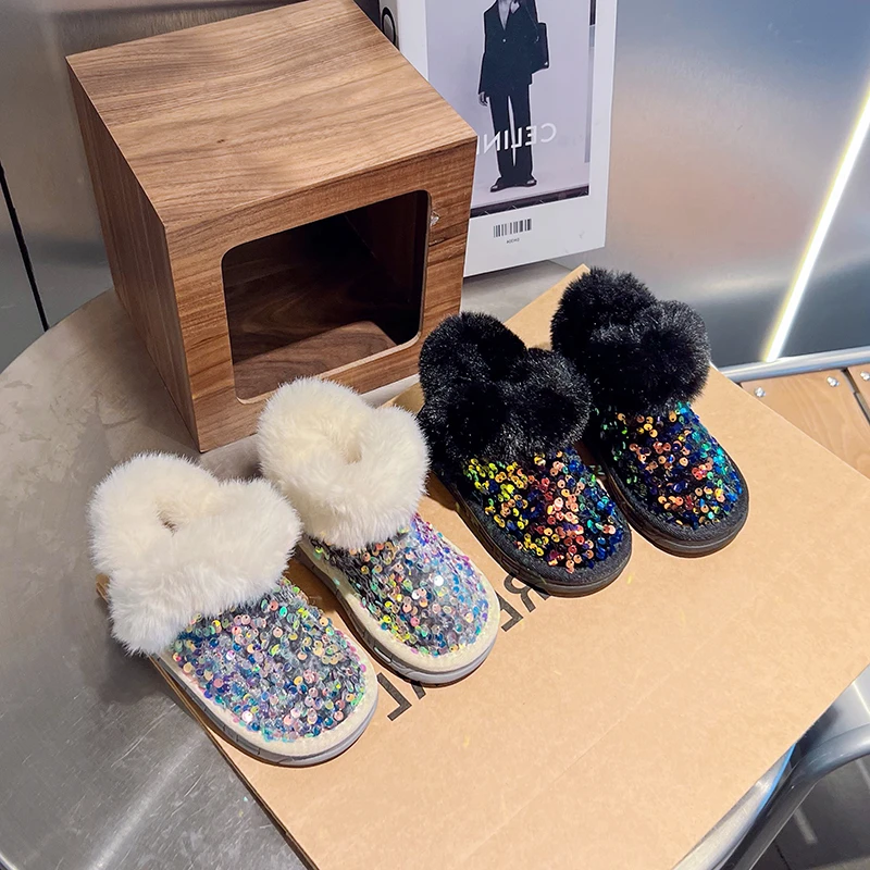 女童雪地靴冬季新款亮片厚绒大棉鞋