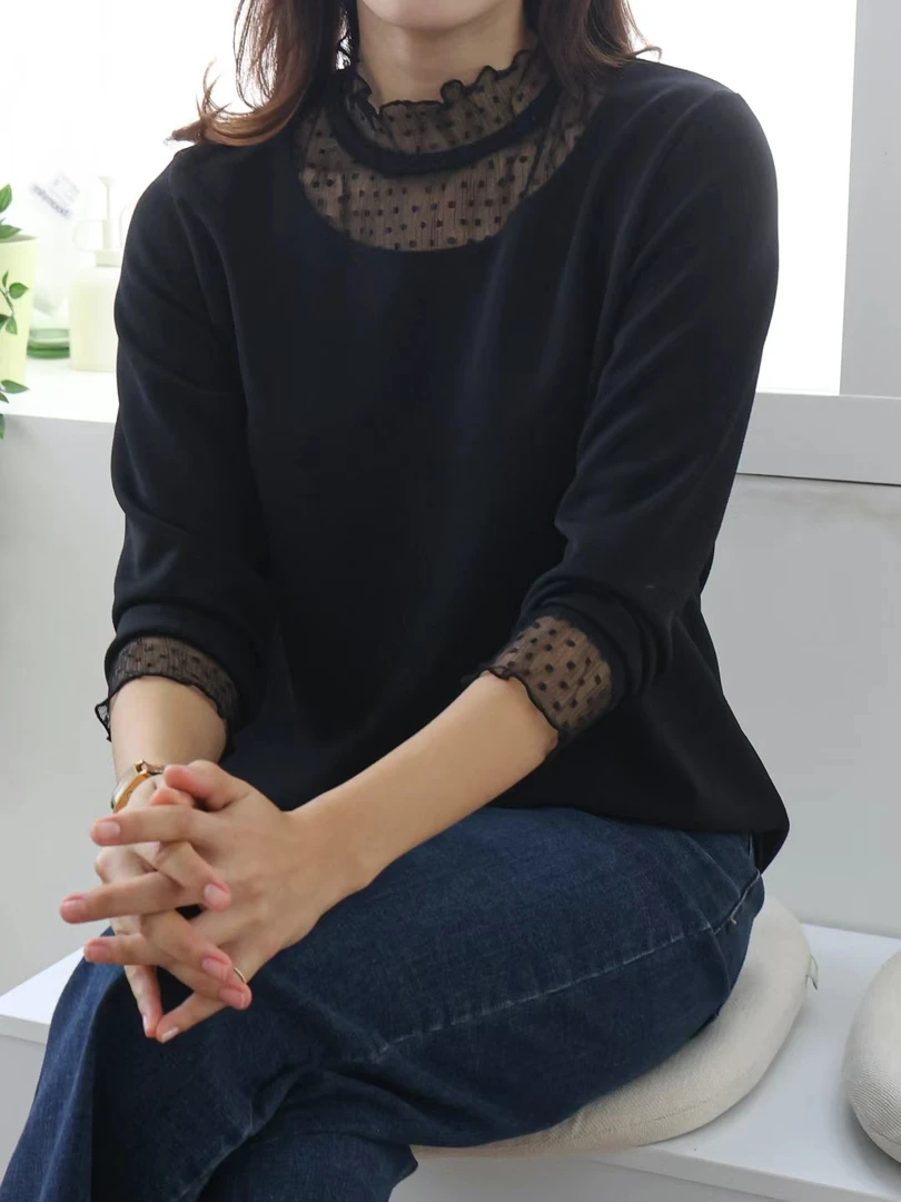 法式蕾丝打底衫女长袖网纱拼接内搭上衣小衫