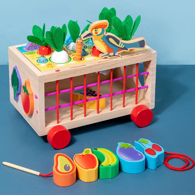 宝宝多功能塞塞乐拖车 趣味串珠拔萝卜抓虫积木婴幼儿童益智玩具