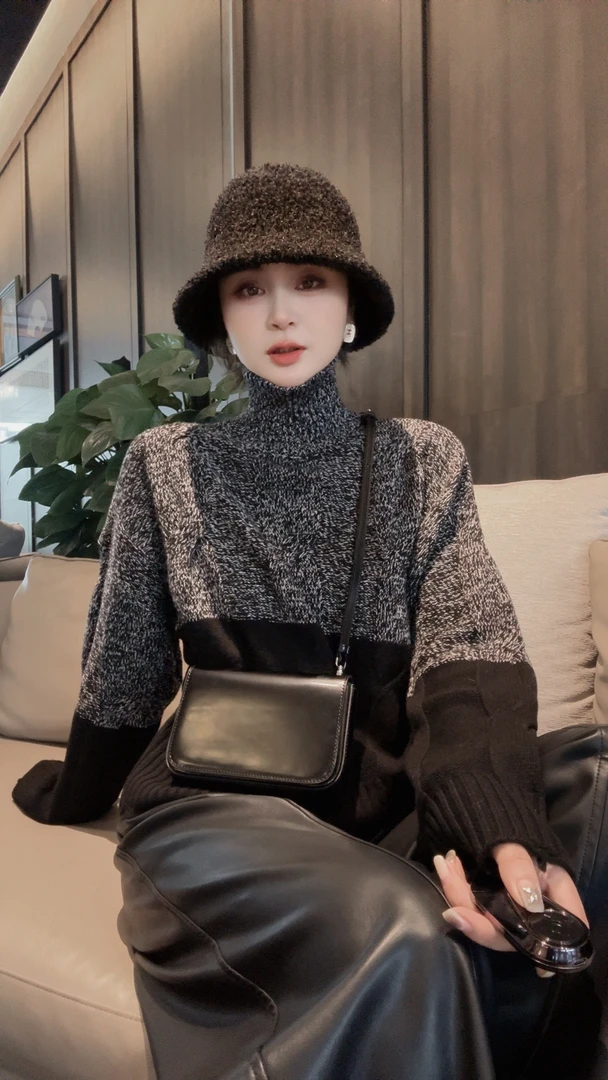 FANYE  高领小众全羊毛拼接针织衫