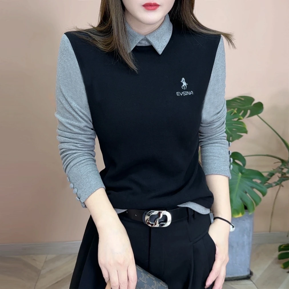 2024冬季新品时尚百搭修身显瘦加绒加厚POLO领打底女士上衣7735
