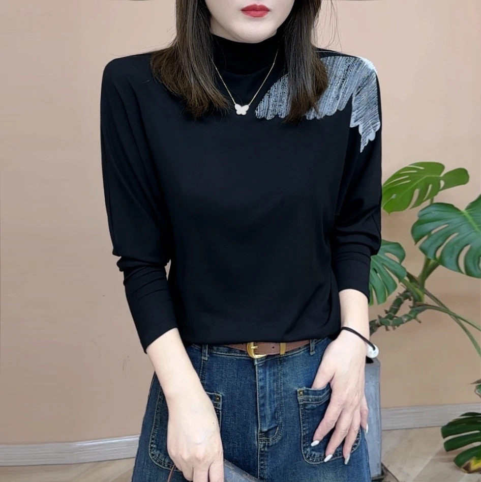 2024秋季新品时尚百搭气质休闲显瘦长袖半高领打底衫女士上衣7609
