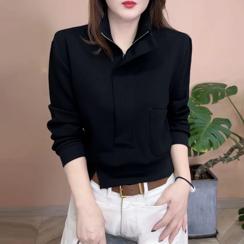 2024秋冬季新品时尚百搭加绒保暖纯色开叉半拉链女士长袖卫衣9055