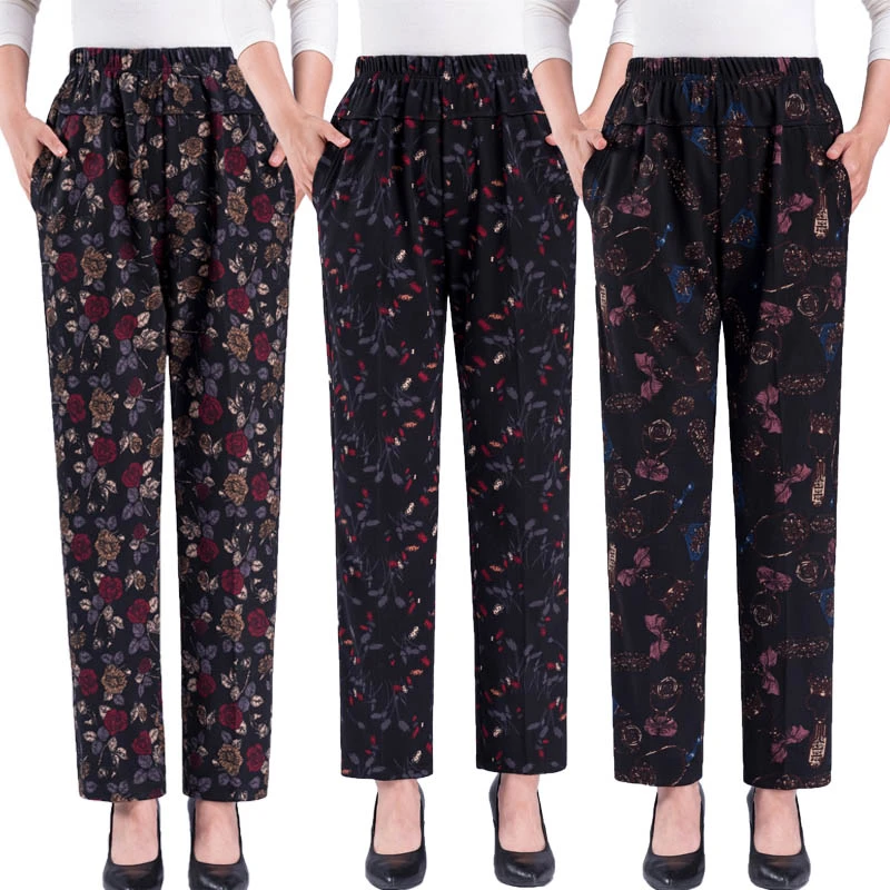 春秋冬款中老年女裤妈妈宽松休闲直筒裤柔软弹力百搭老太太花裤子