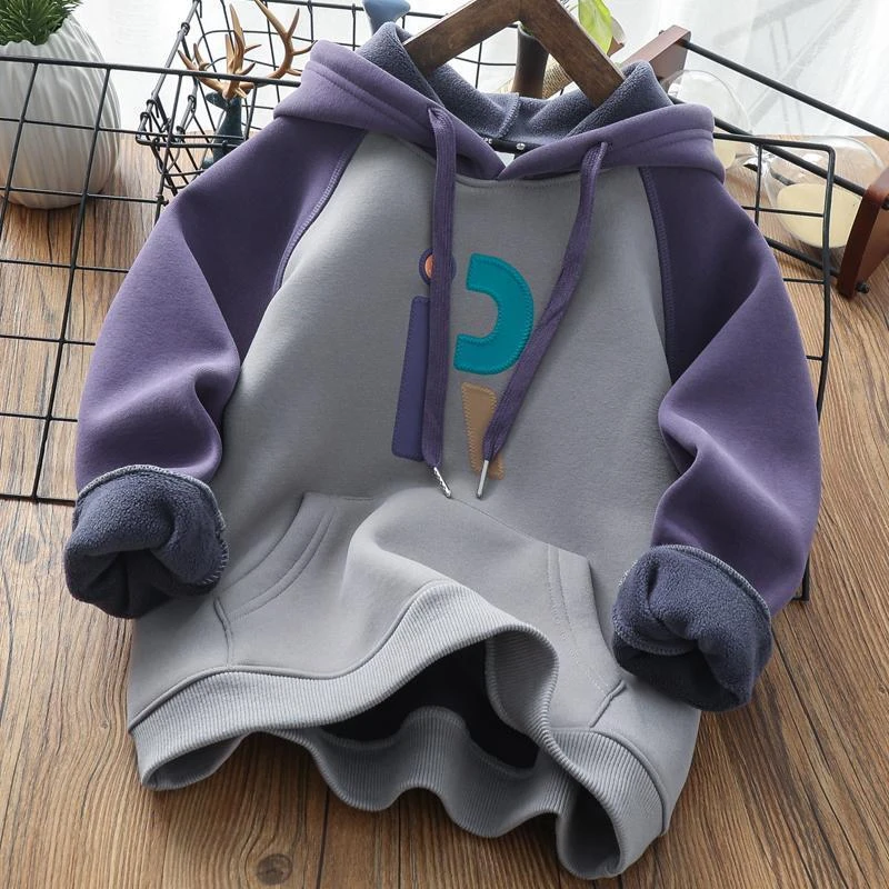 男童加绒帽衫2024新款童装撞色加厚卫衣冬季新款一体绒连帽上衣潮