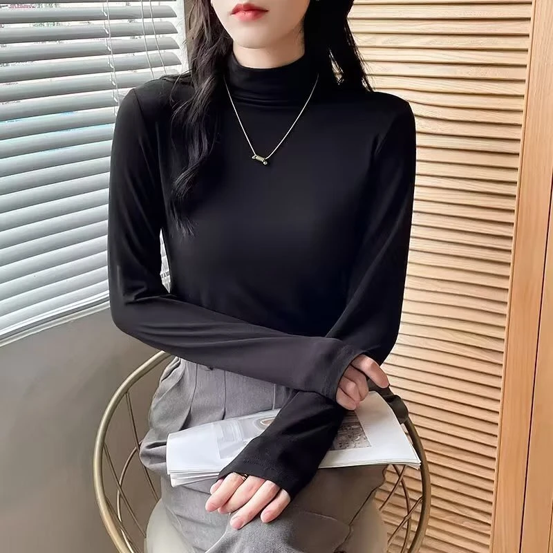 洋气打底衫女秋冬新款半高领长袖棉t恤大码修身内搭纯色薄款上衣