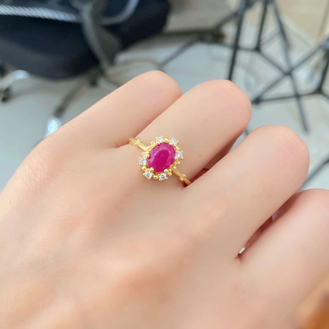 天然红宝石老烧 s925银戒指 A657