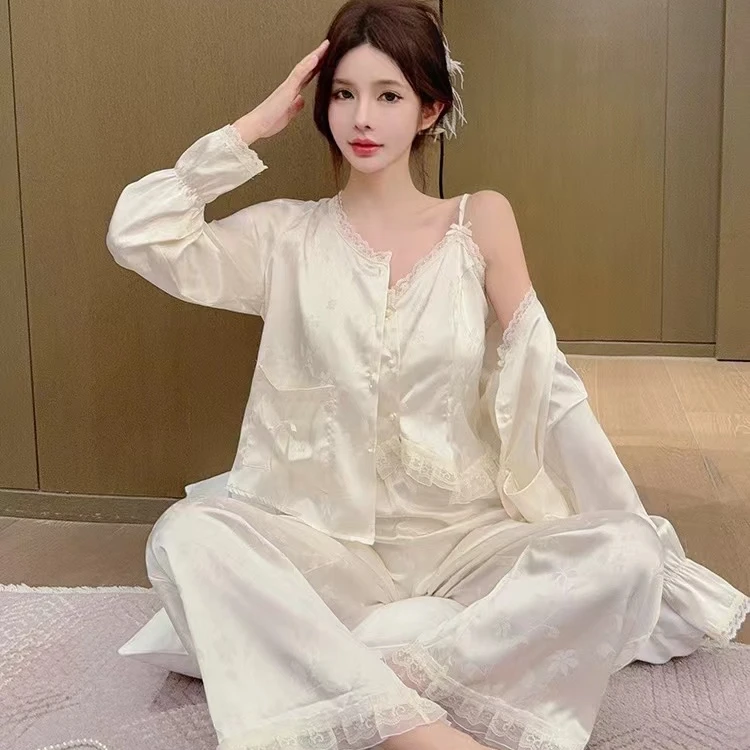 性感纯欲风睡衣女款2024新款春款吊带冰丝带胸垫家居服三件套春夏