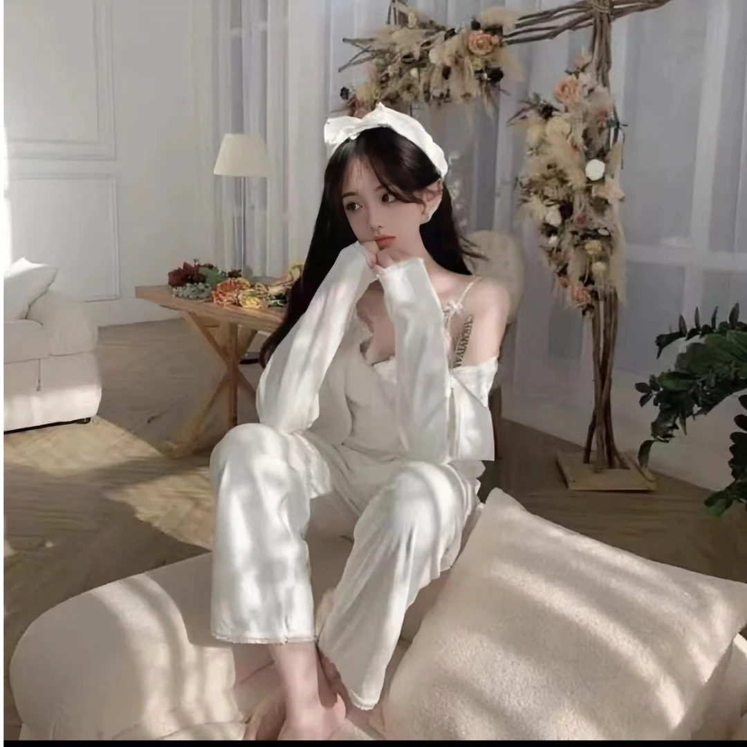 秋冬气质睡衣套装女海岛绒性感吊带睡衣三件套带胸垫甜美家居服
