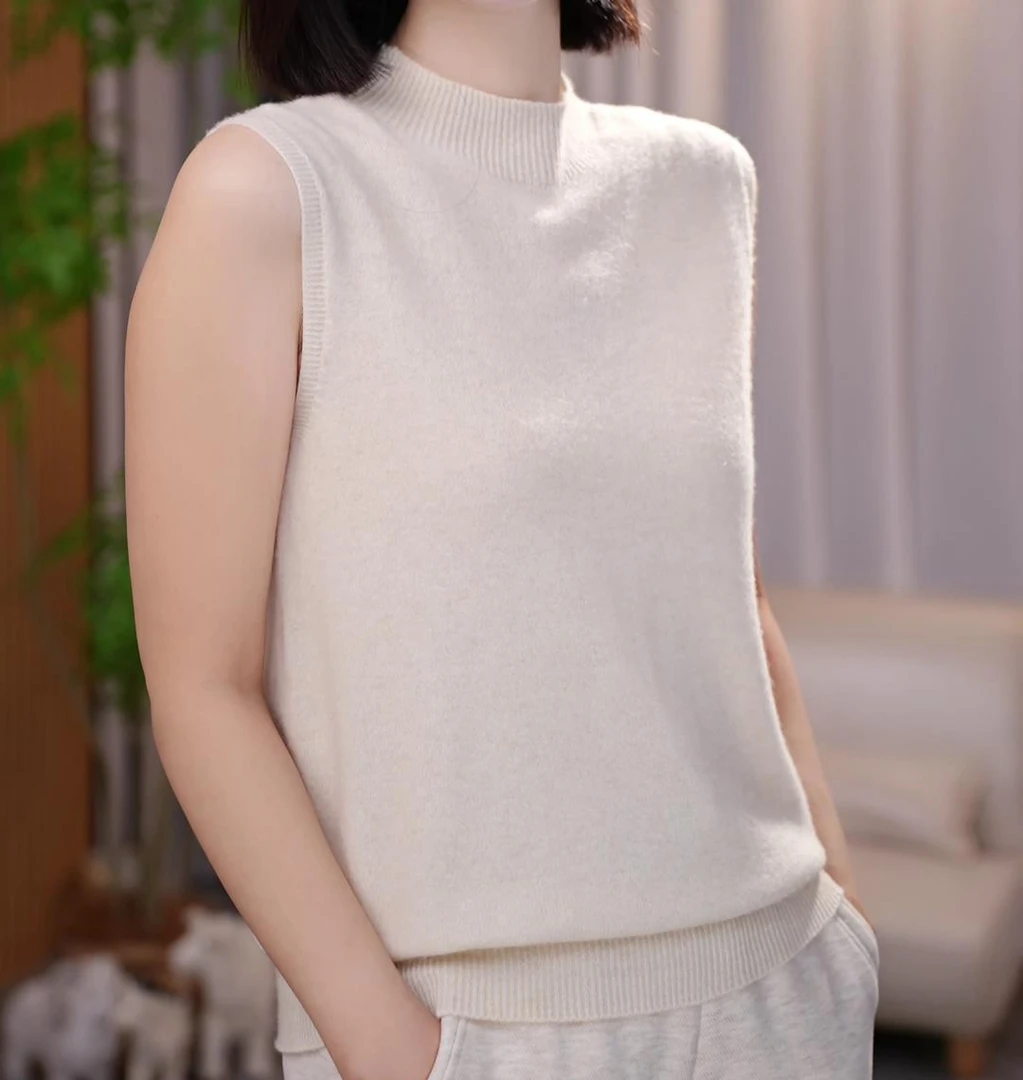 100%纯羊毛背心半高领无袖内搭打底衫宽松气质纯色