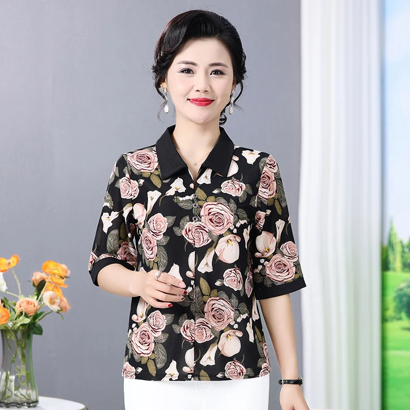 中老年女装妈妈装夏装宽松短袖t恤夏季半袖上衣中袖遮肚显瘦小衫