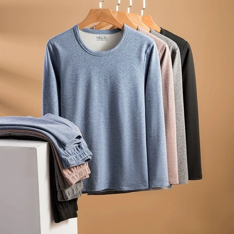 绵羊毛蚕丝德绒AB面男士保暖内衣套装秋衣秋裤加绒加厚圆领防寒发