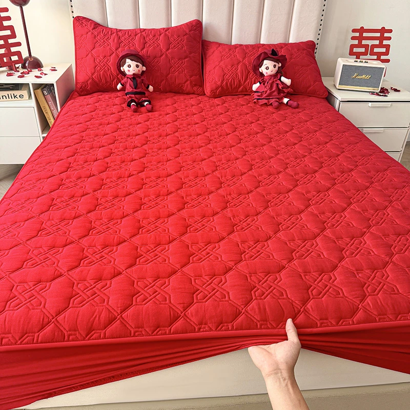 婚庆全棉夹棉纯棉大豆床笠单件加棉大红防尘罩床套防滑床罩结婚用