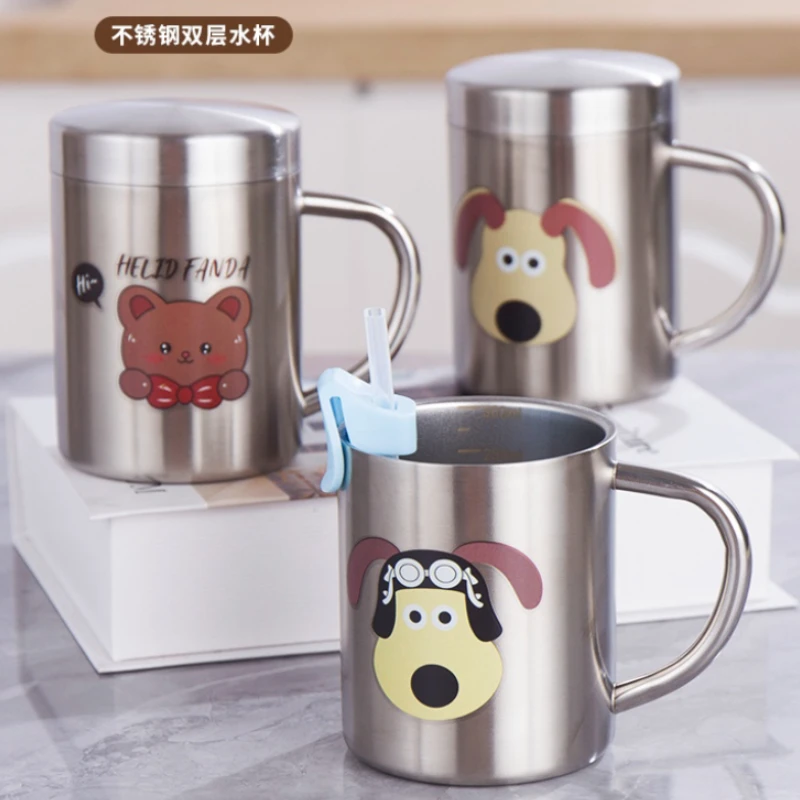 新款儿童304不锈钢双层杯带盖 小孩防烫手柄杯隔热杯随手杯马克杯