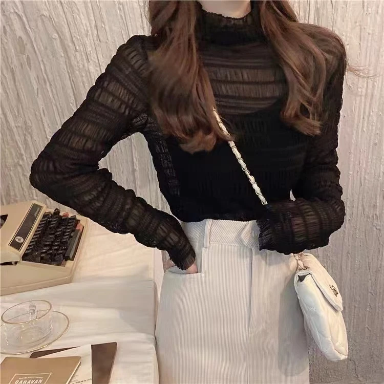 蕾丝泡泡打底衫女新款内搭半高领网红时尚气质T恤百搭长袖上衣