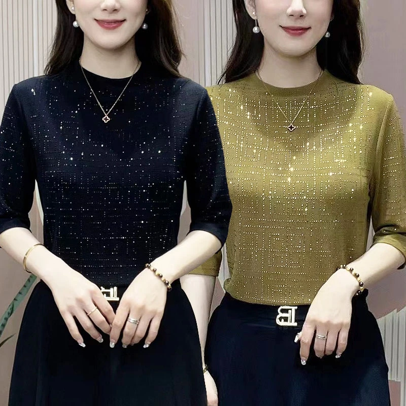 烫钻上衣女春秋新款圆领百搭妈妈装洋气减龄中袖气质五分袖打底衫