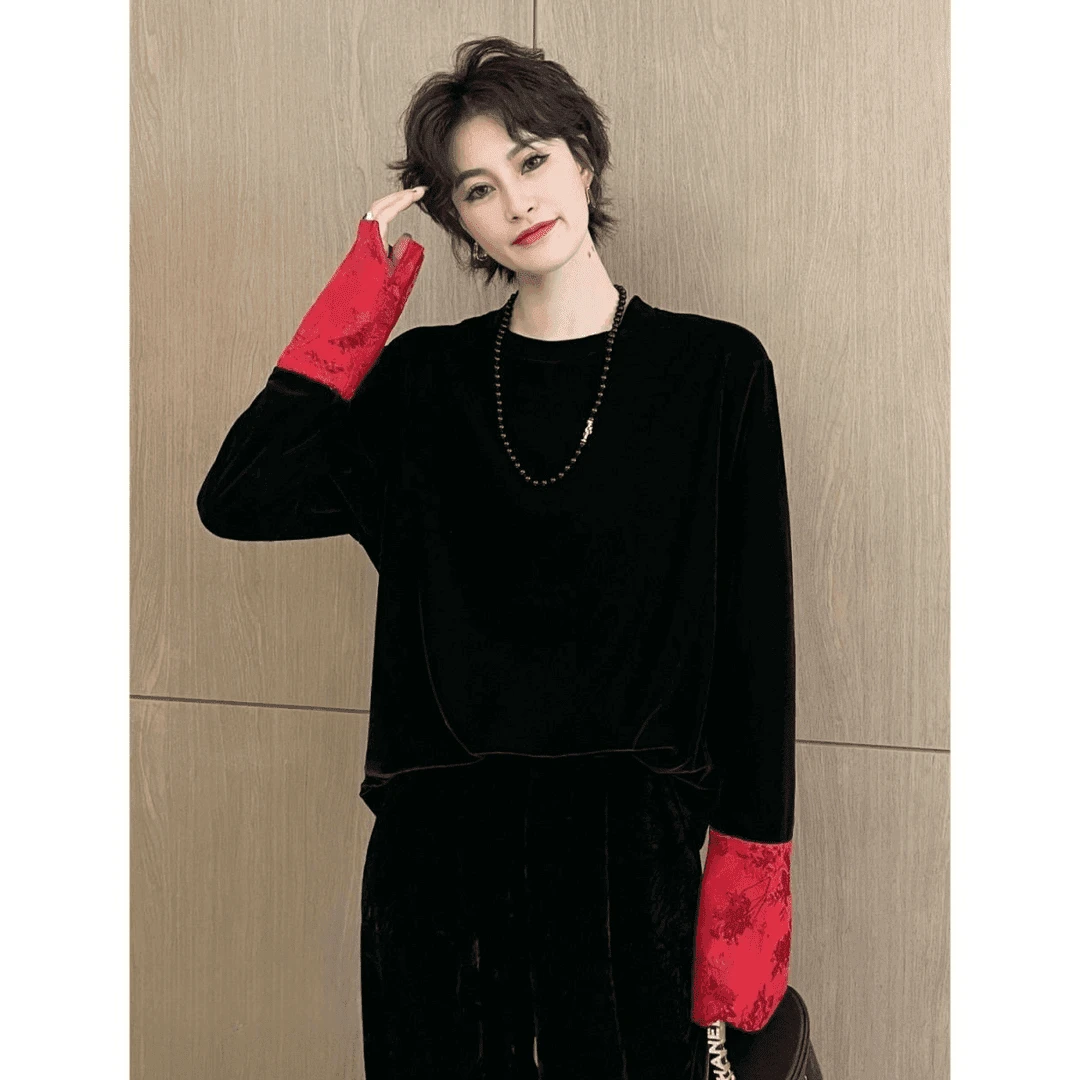 （随喜）轻奢国风复古缎面袖撞色上衣气质