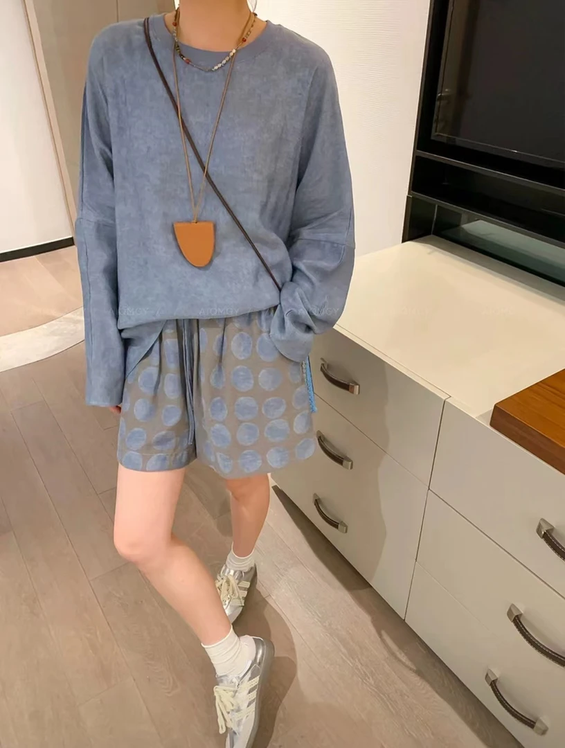 루루가−  （海洋）休闲套装圆领宽松长袖上衣+抽绳阔腿短裤气质两件套