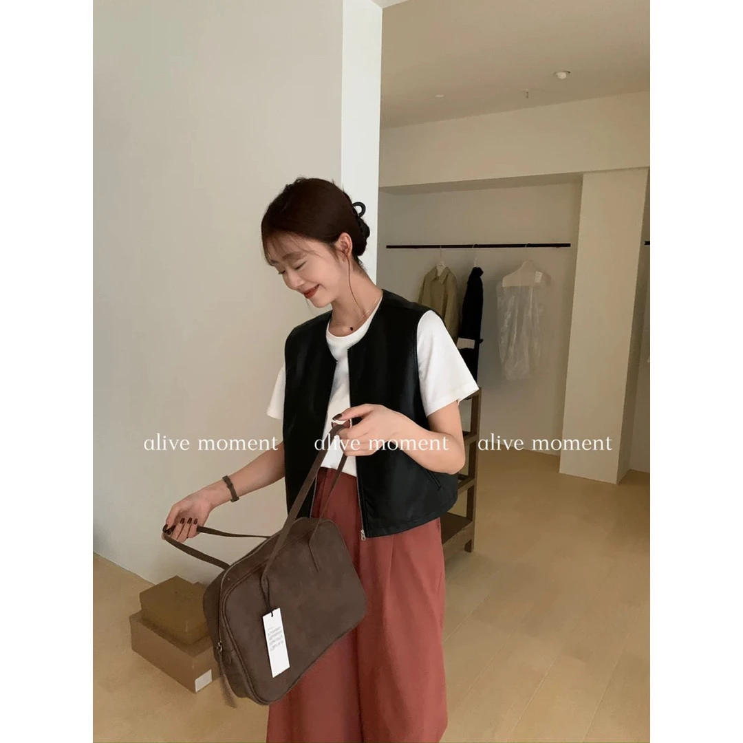 （小羊皮）休闲韩国早秋新款简约百搭纯色圆领拉链穿马甲