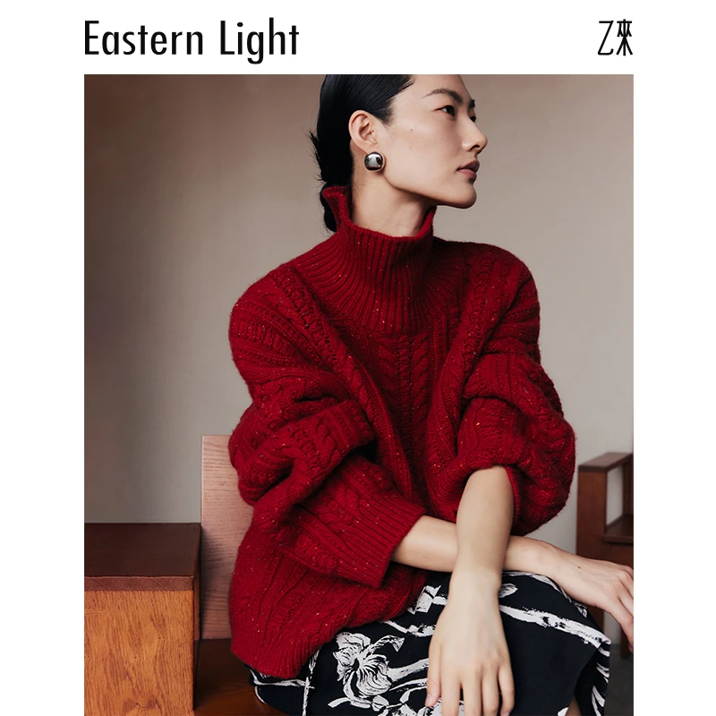 Eastern Light/乙来秋冬高领彩点麻花套头衫中长款红新年红色上衣