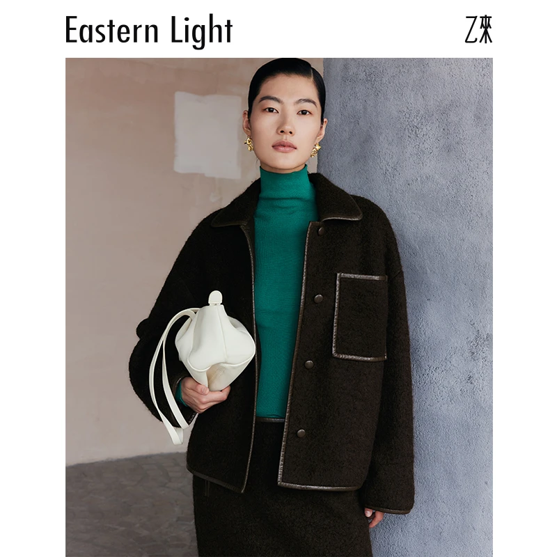 Eastern Light/乙来秋冬短款圈圈羊驼拼皮呢外套毛呢外套上衣女