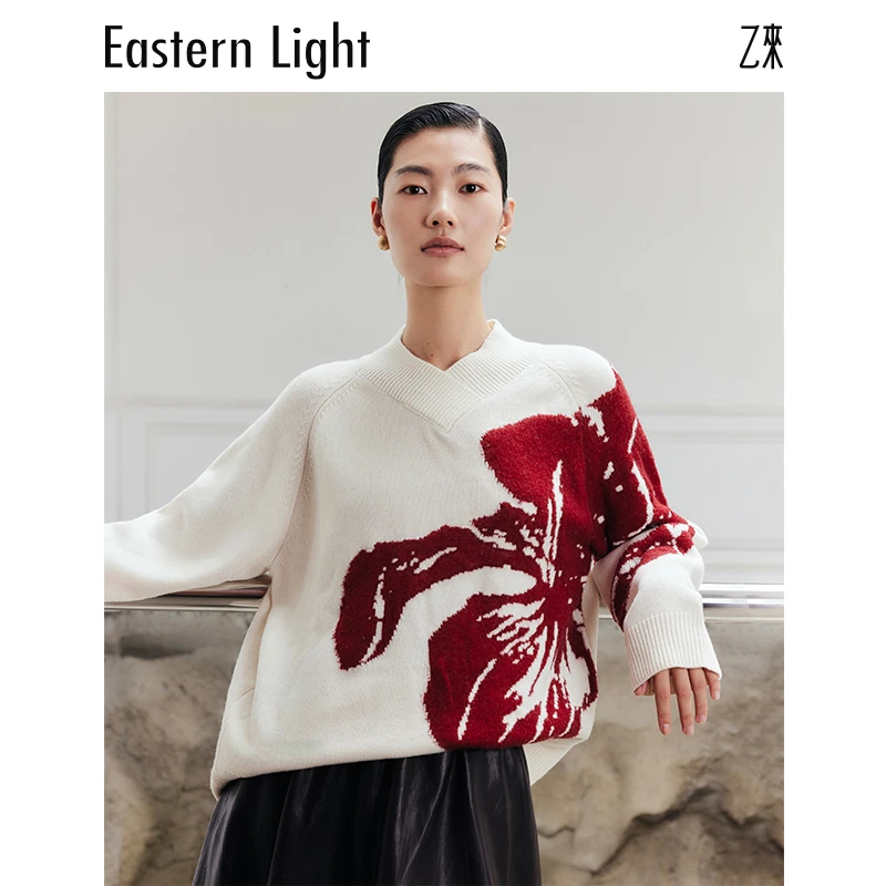 EasternLight/乙来秋冬宽松鸢尾花羊毛衫长袖提花新年红色上衣