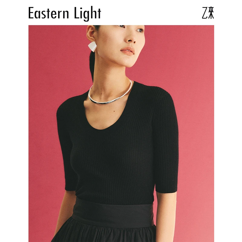 Eastern Light/乙来U领短袖无缝打底简约修身女士短袖针织衫EL