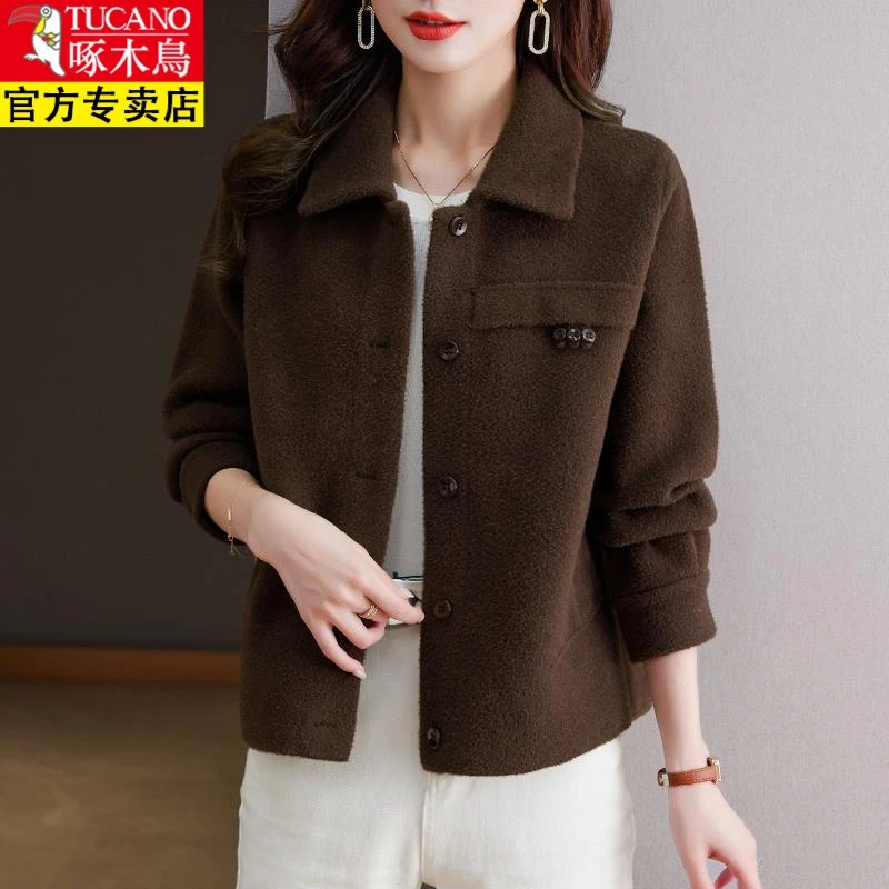 啄木鸟秋冬仿貂毛针织外套女短款秋装2023年新款加厚翻领开衫毛衣