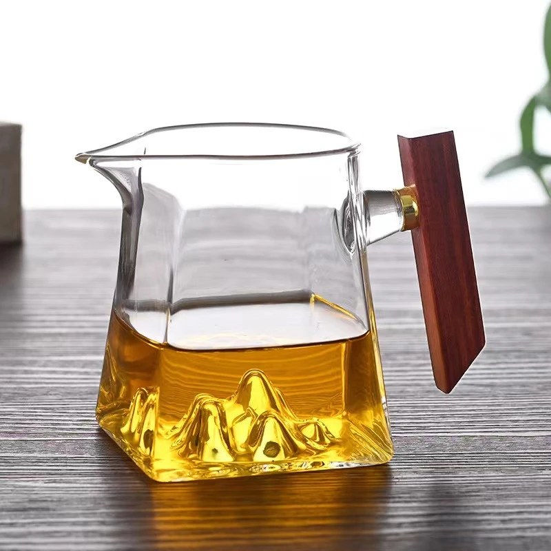 中式茶道加厚高硼硅耐热玻璃公道杯侧把木把分茶器功夫茶具泡茶杯