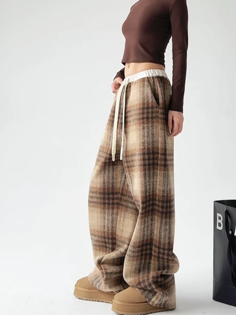 咖色毛呢加绒格子裤女秋冬新款直筒休闲高腰宽松加厚慵懒拖地裤子
