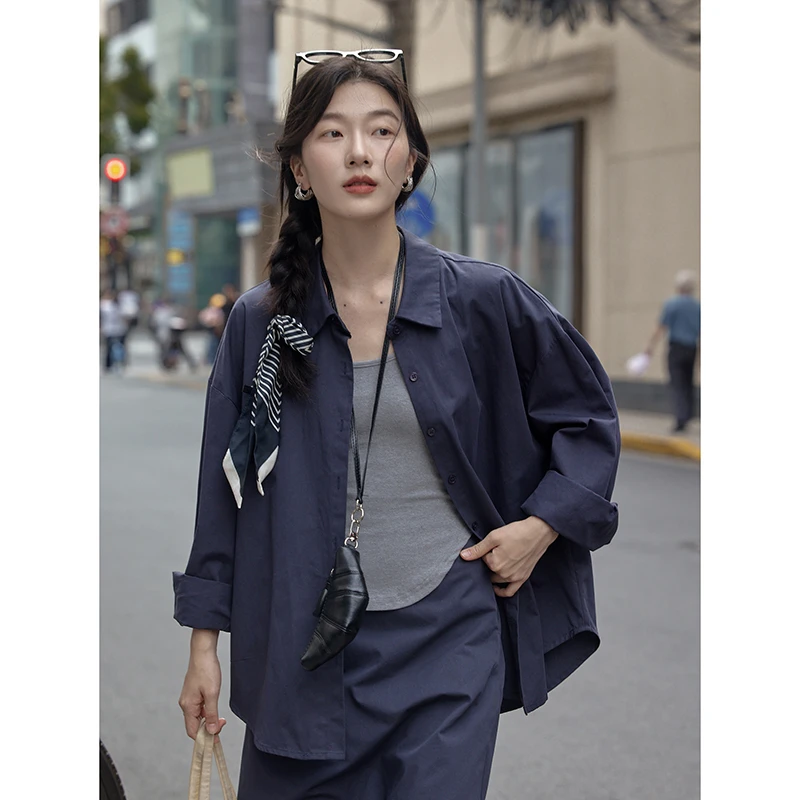 【1.18清清】觅定复古纯色衬衫上衣套装时尚减龄两件套WT50936