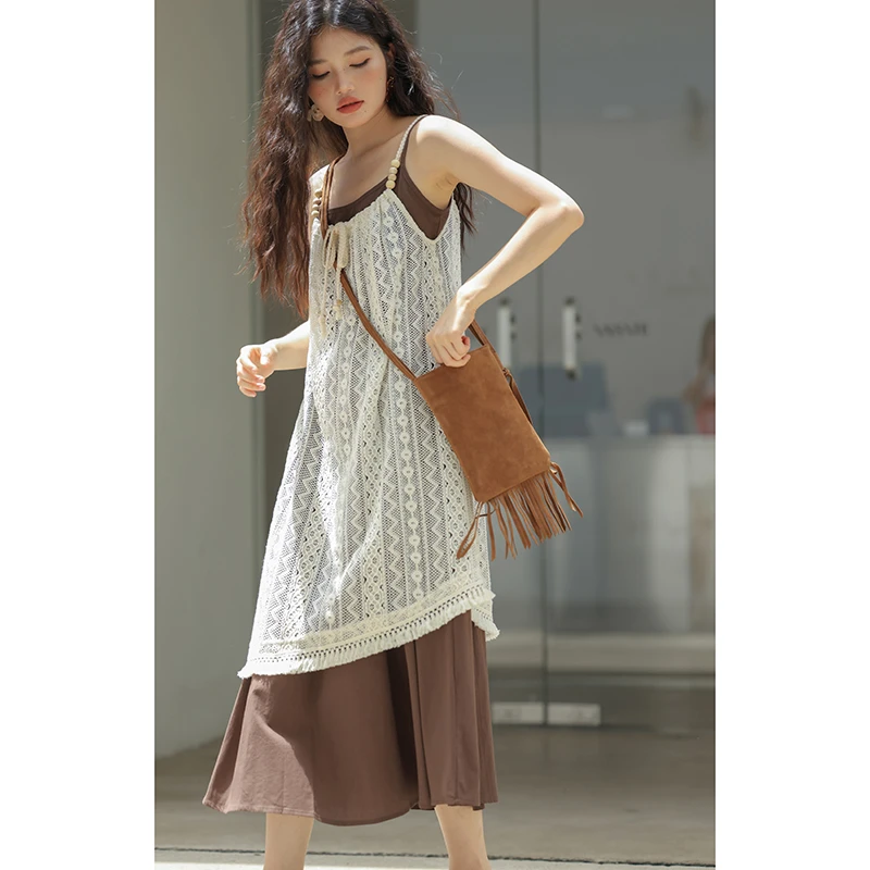 夏日画报！独特气质 两件套镂空钩花百褶吊带连衣裙WQ50372