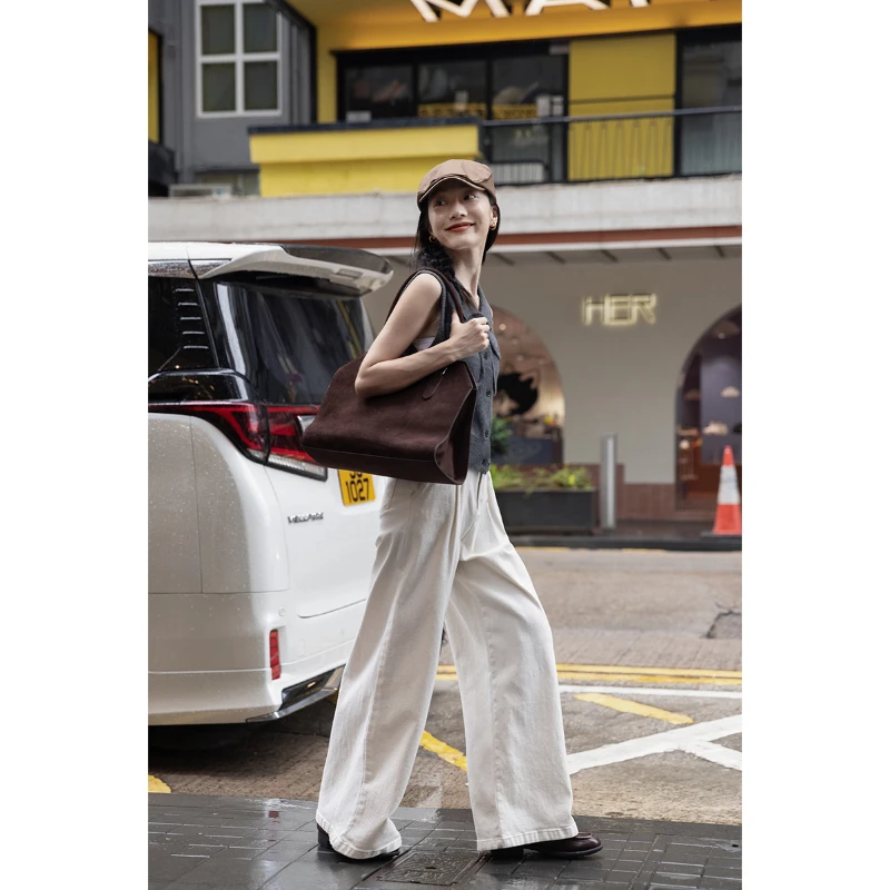 觅定白色休闲裤阔腿裤女宽松直筒长裤咖色裤子棕色西装裤K2159