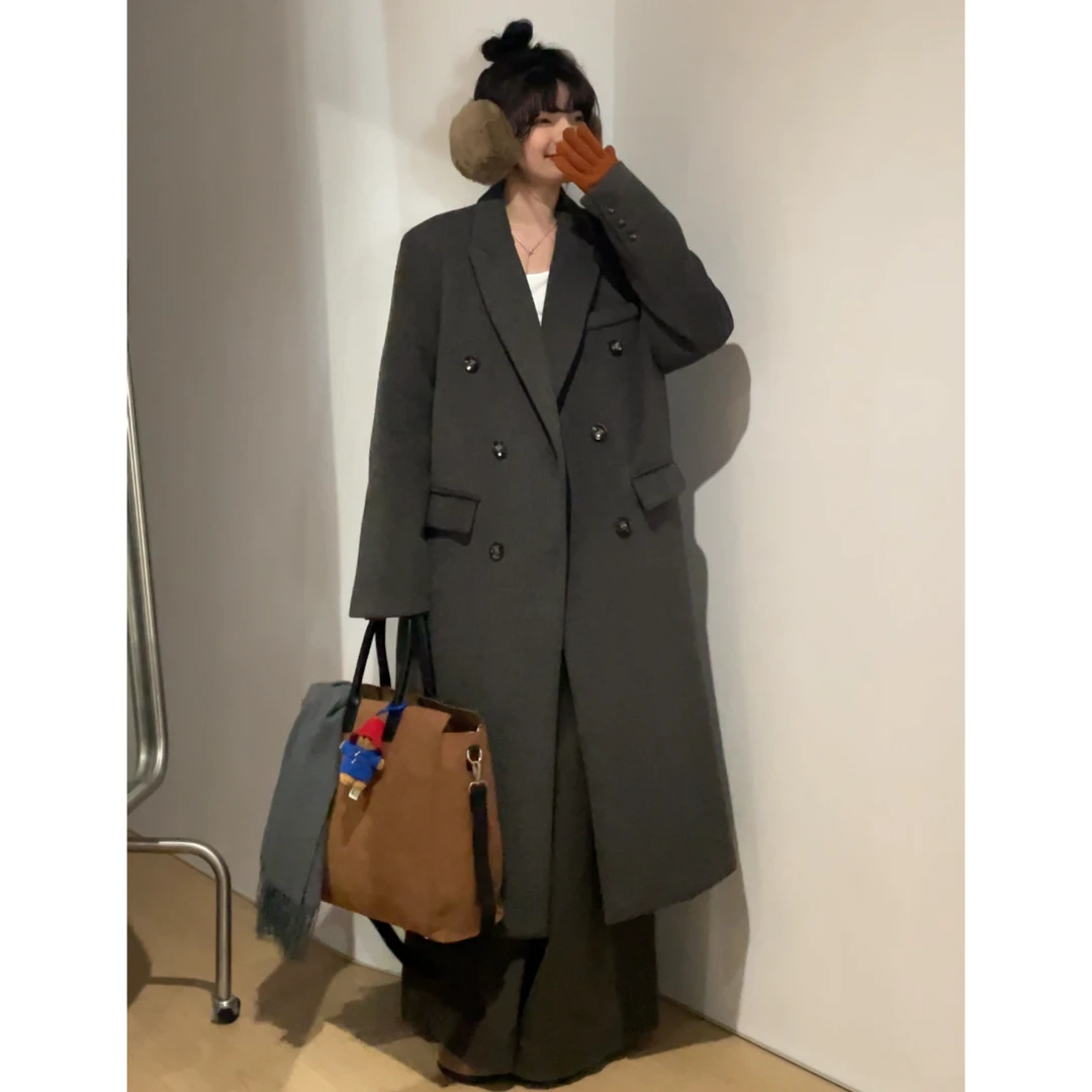 觅定灰色大衣女2024冬正肩毛呢外套高级感长款上衣DS9078小个子
