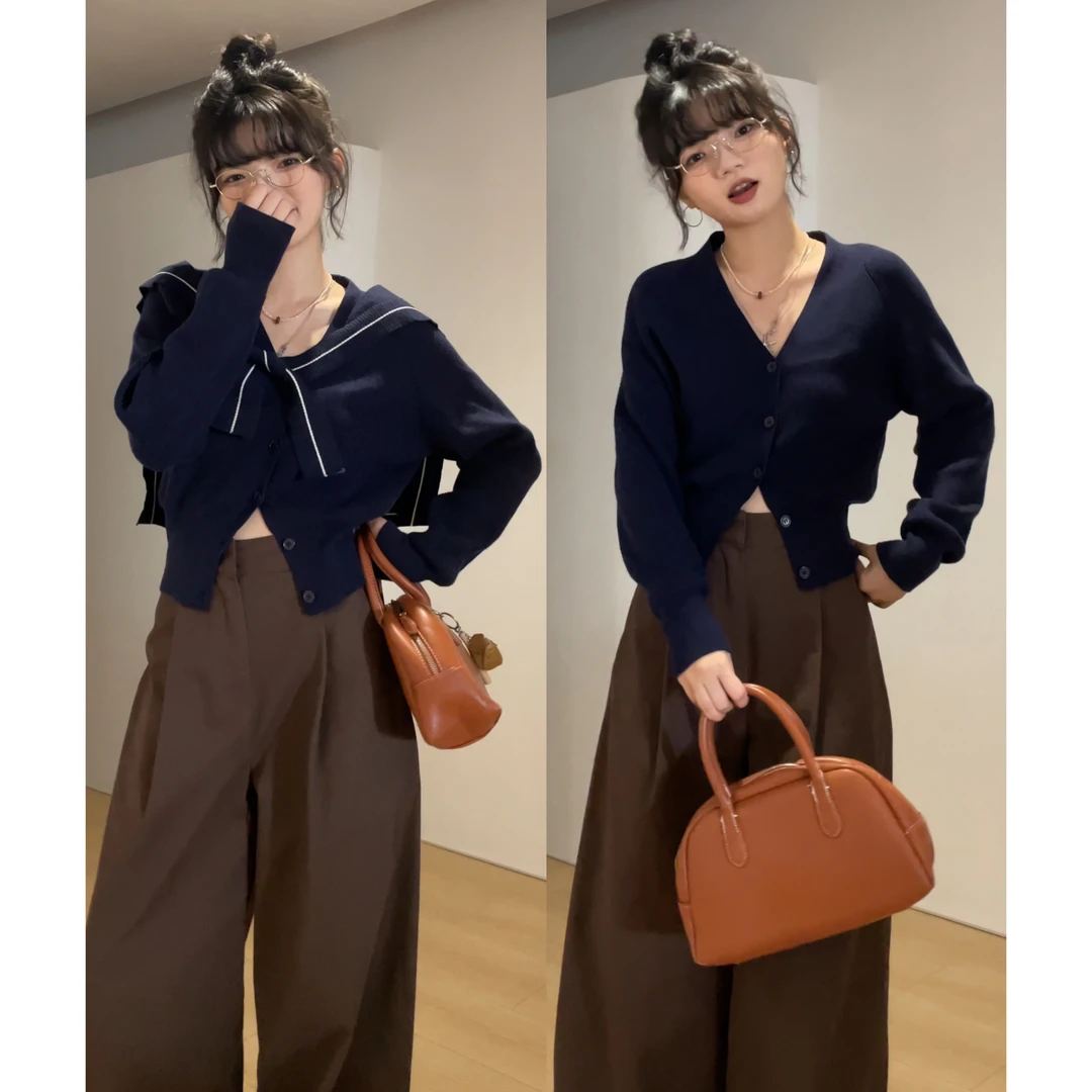 觅定2024秋季短款V领毛衣海军领可拆卸氛围感上衣M8394