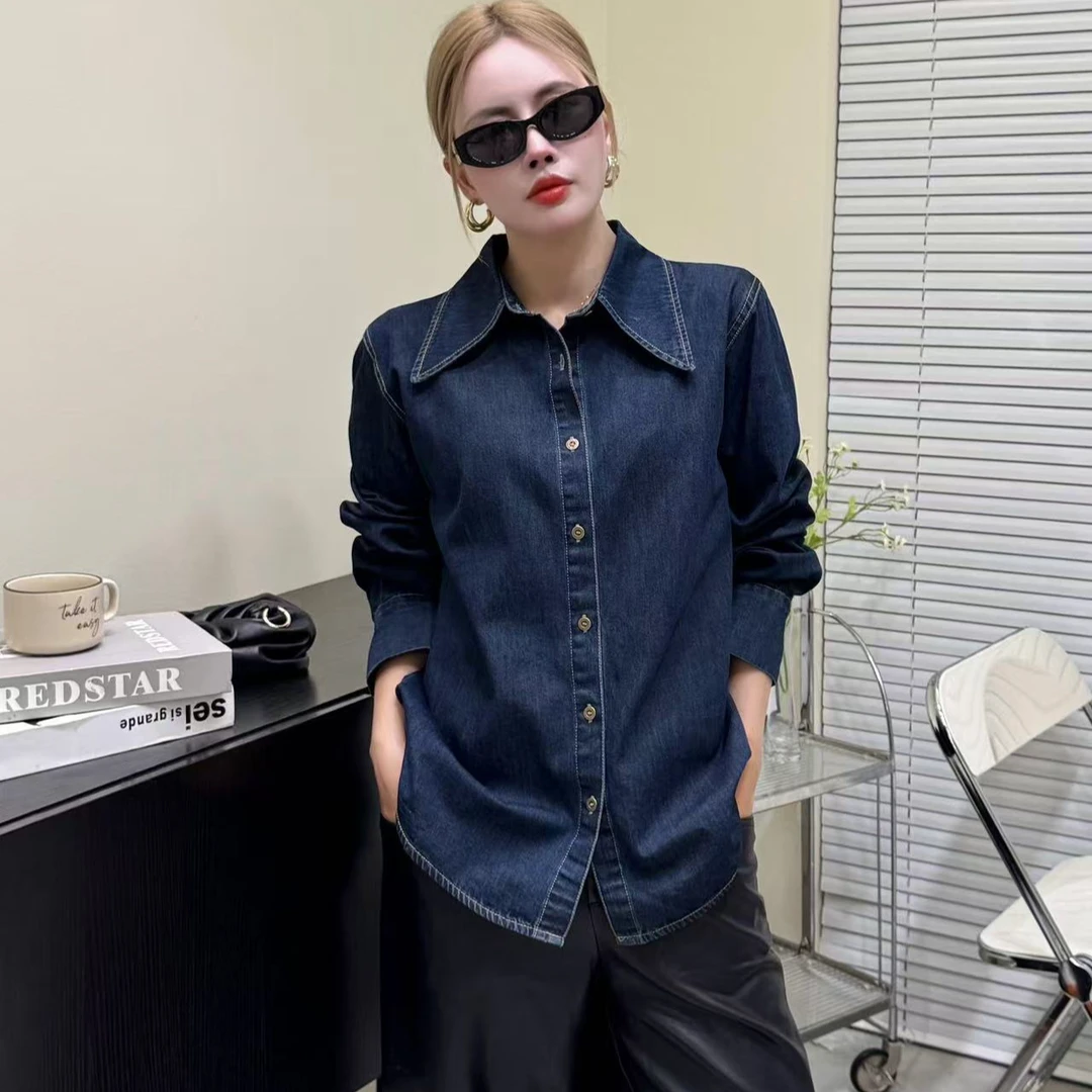 不卷边深蓝色软牛仔衬衫女秋冬季内搭叠穿衬衣正肩上衣秋装【尖领】