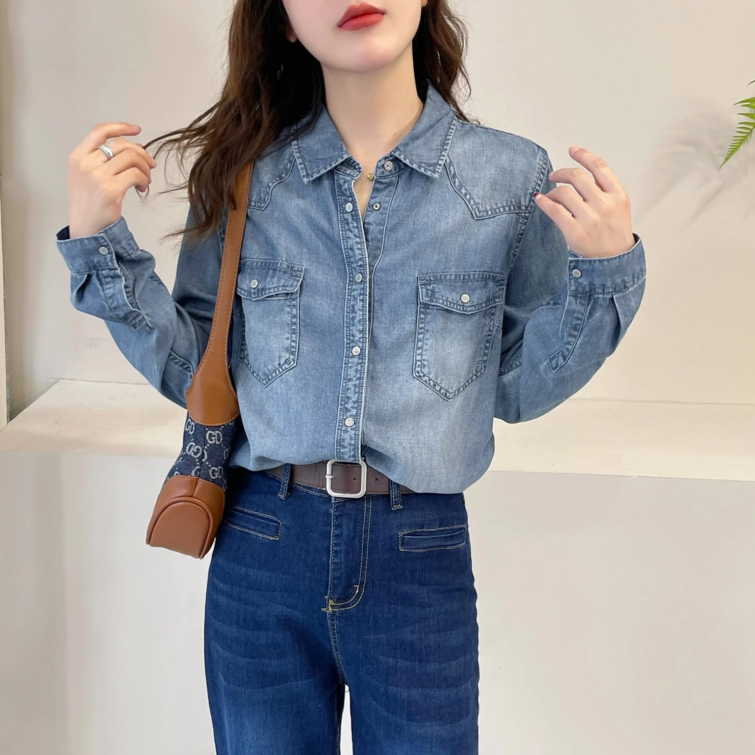 秋季新款天丝牛仔衬衣气质修身显瘦百搭蓝色长袖莱赛尔牛仔衬衫女