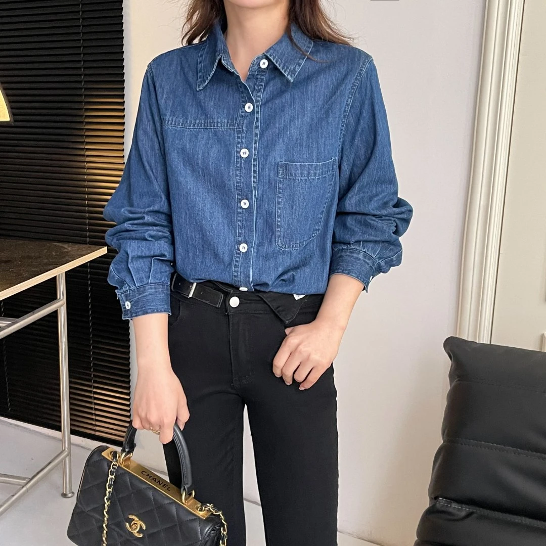 春季纯棉韩版百搭时尚宽松休闲小众显瘦高端小个子蓝色牛仔衬衫女