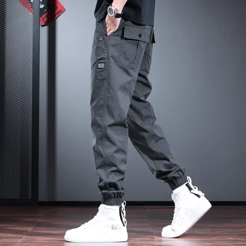 松紧腰工装裤男潮牌法式束脚休闲裤cleanfit烟灰色运动小脚裤秋冬