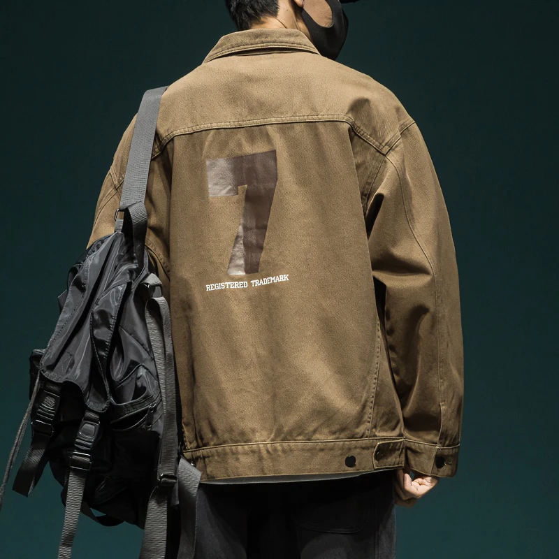 美式复古工装夹克男宽松大码秋冬新款日系潮牌卡其色休闲牛仔外套