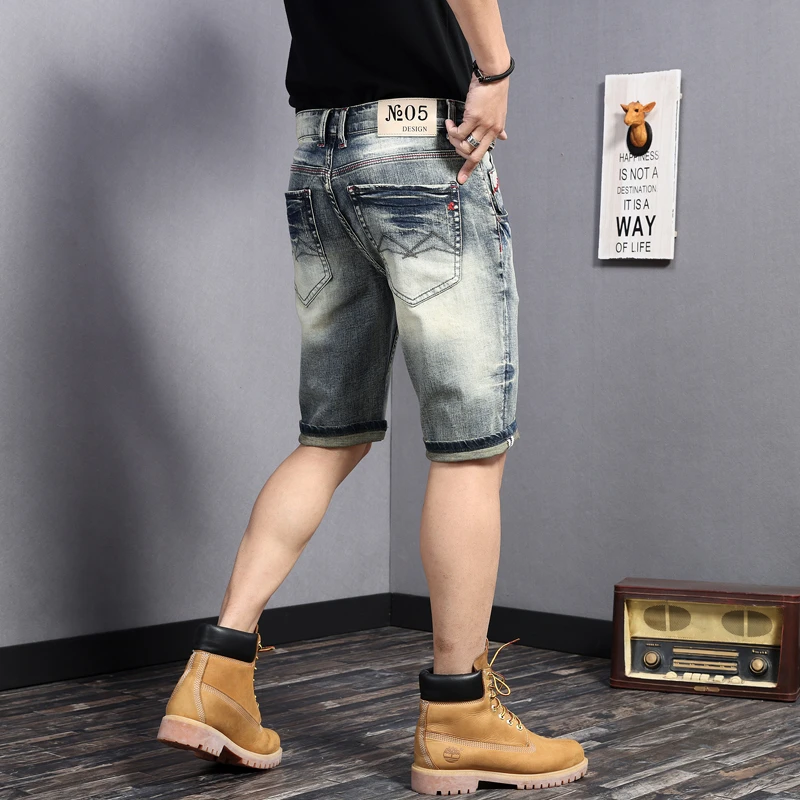 夏季复古牛仔短裤男潮牌ins猫须重磅水洗休闲弹力五分裤潮流中裤