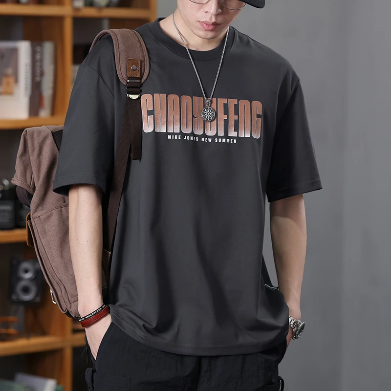 高端夏季短袖t恤男士2024新款潮牌ins印花圆领体恤宽松半袖打底衫