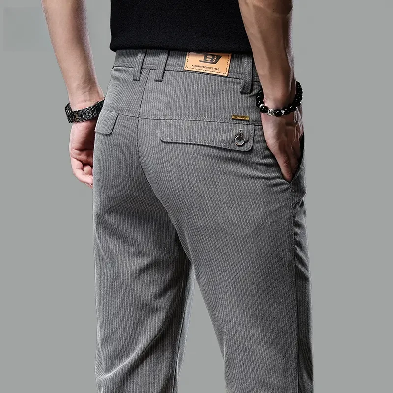 夏季新款烟灰色竖纹休闲裤男韩版修身亲肤长裤子百搭时尚弹力男装