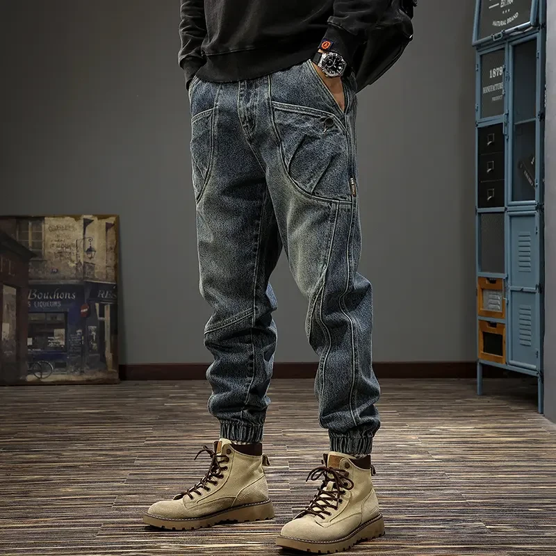 2025夏季新款束脚牛仔裤男美式设计感拼接痞帅秋冬宽松大码哈伦裤