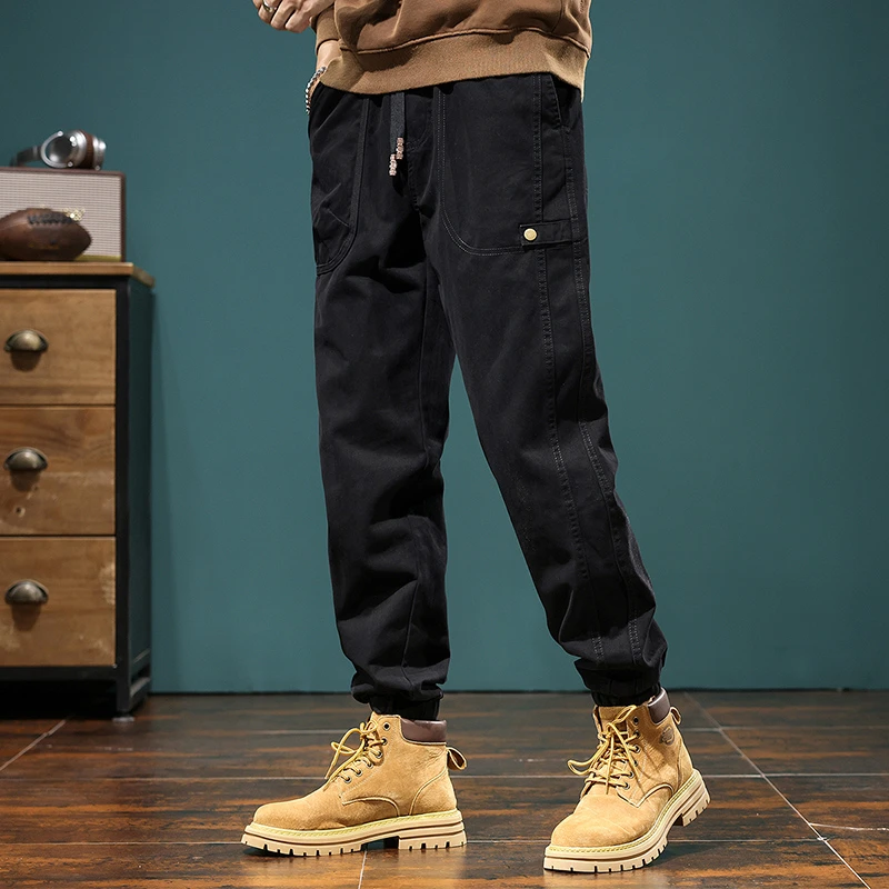 高端美式重磅复古工装裤子男秋冬款宽松大码男士休闲裤潮牌束脚裤