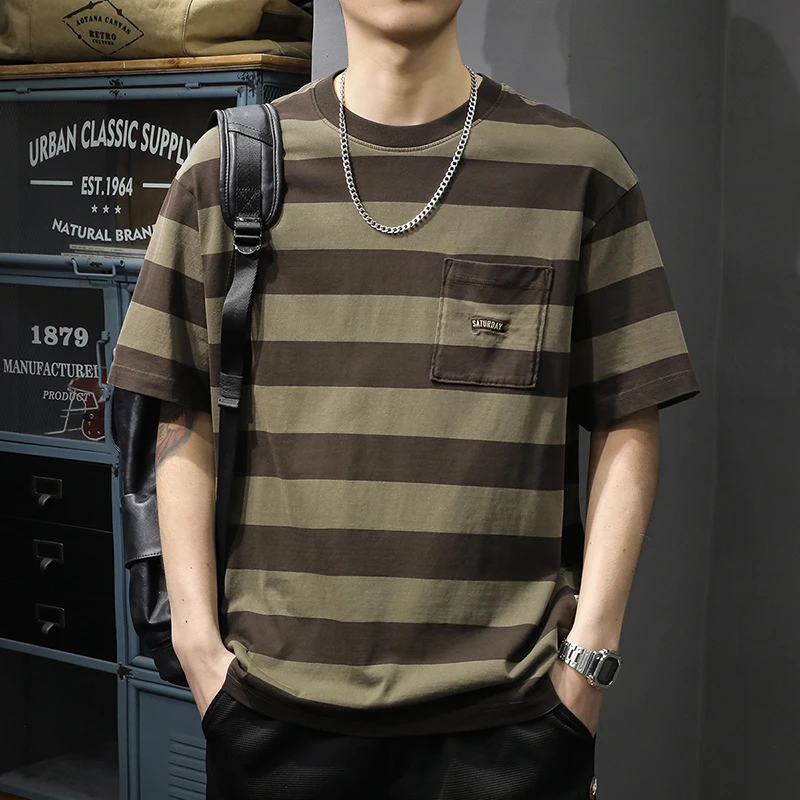 260g重磅纯棉条纹短袖T恤男夏季街头宽松大码休闲体恤半袖海魂衫