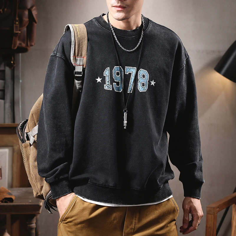 重磅美式2023秋冬新款潮流圆领套头卫衣男士潮牌休闲印花长袖上衣