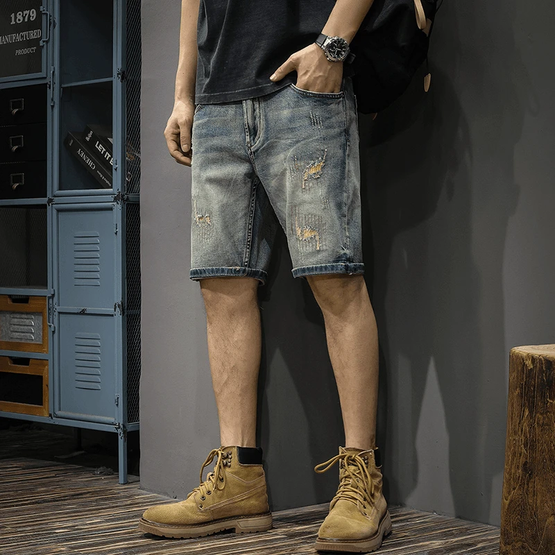 高端复古水洗牛仔短裤男夏季潮流破洞直筒中裤美式休闲刮烂五分裤