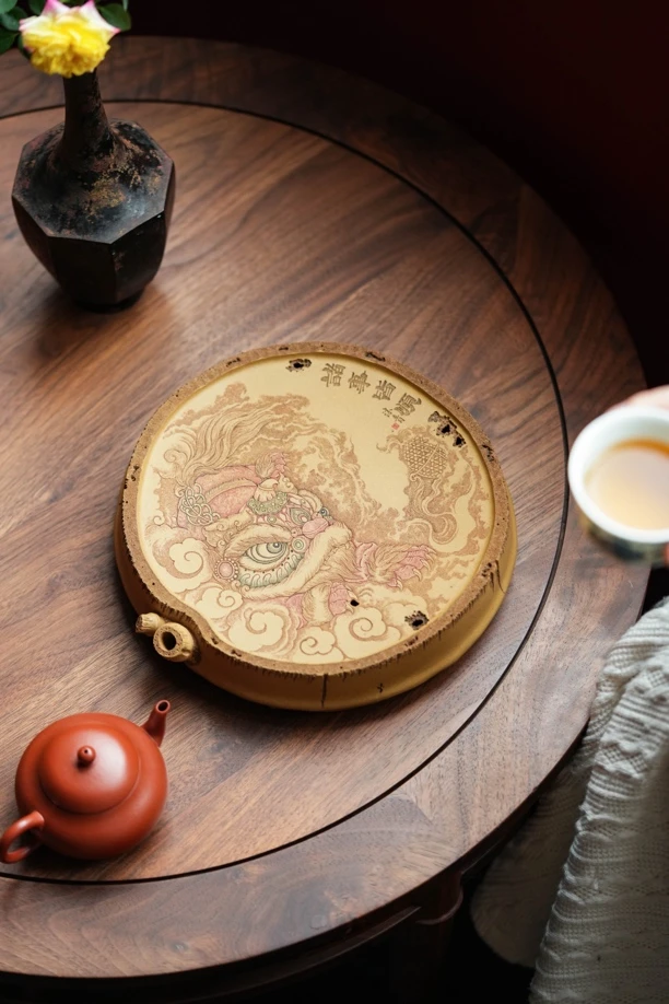 【知守.茶器】竹报平安系列.圆型储水式紫砂茶盘,沐青高端刻绘系列