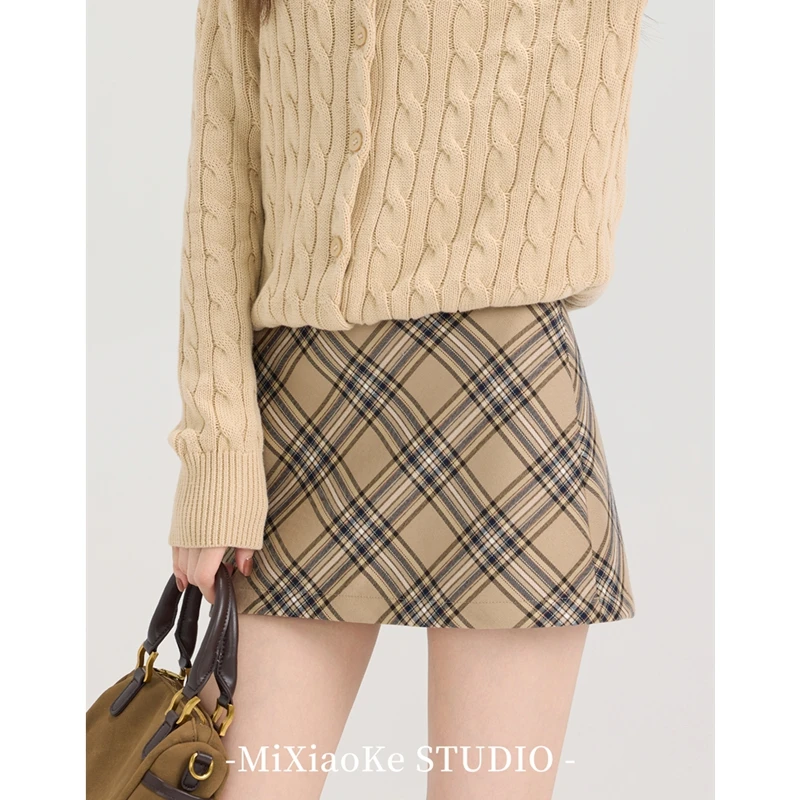 美式复古学院风格子半身裙女早秋高腰显瘦防走光包臀短裙子
